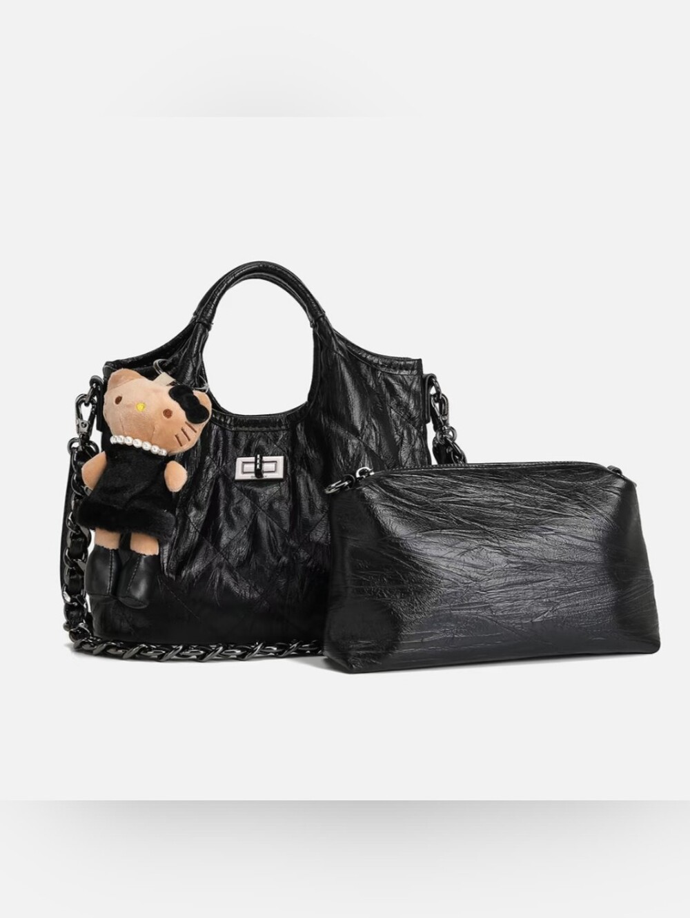 💯 Leather 🆕 Black Quilted Leather Tote with Inside Pouch